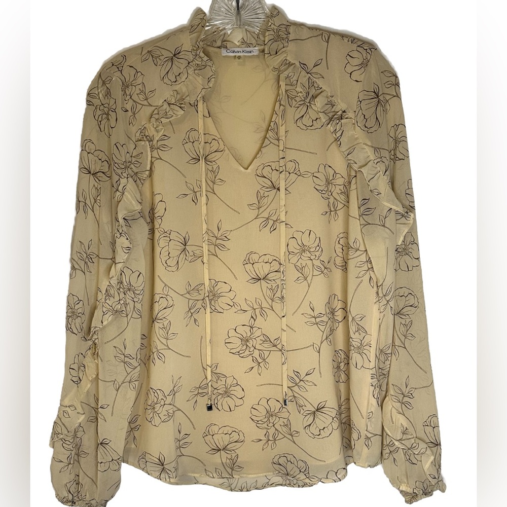 Calvin Klein Long Sleeve Ruffled Sheer Floral‎ V-neck Tan Blouse  Pre-owned XS